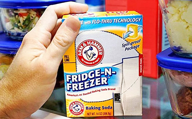 A Hand Holding an Arm Hammer Baking Soda Fridge n Freezer