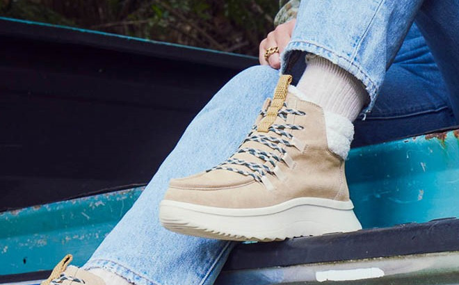 A Person Wearing Hey Dude Wendy Peak Apres Suede Boots