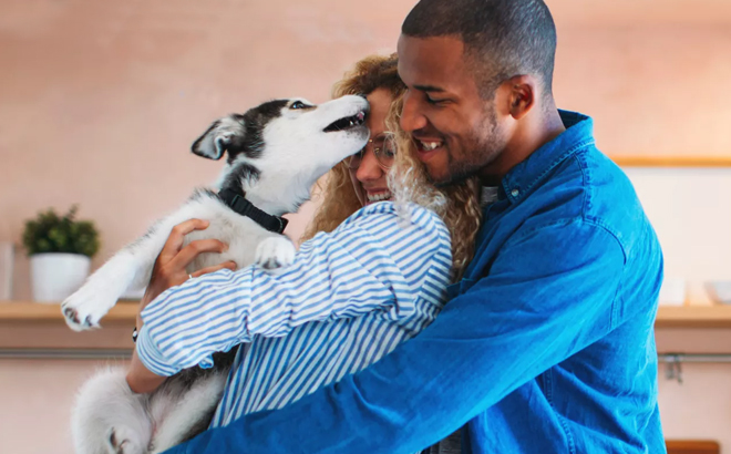 A Woman and Man Hugging alonside their Dog