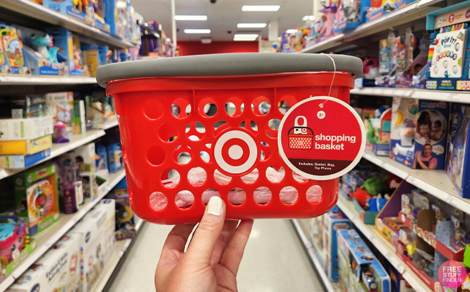 A Woman Holding Target Toy Shopping Basket in Red Color