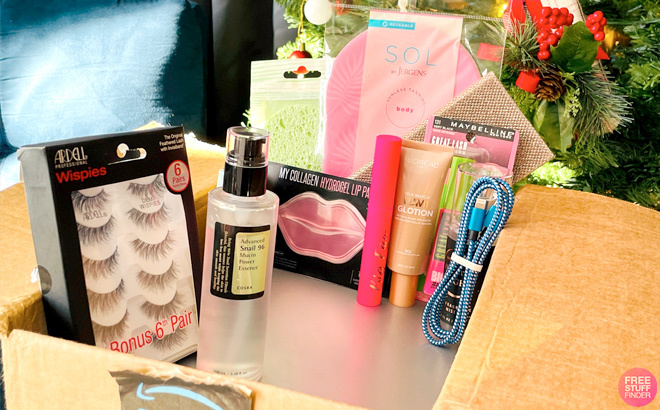 Amazon Delivery Box with Ardell False Eyelashes COSRX Face Serum and Other Products