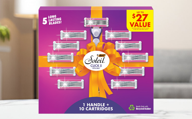 BIC Soleil Click 5 Womens Razors with Handle and 10 Cartridges Gift Set on a Table