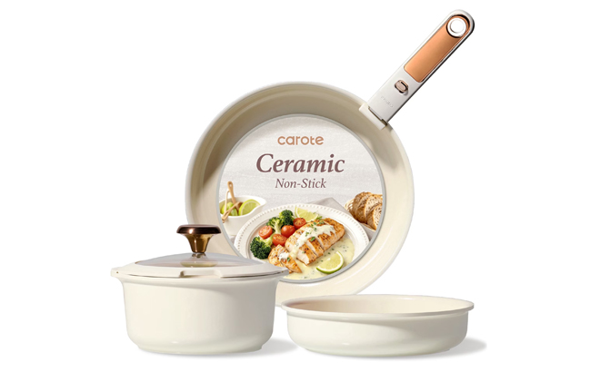 Carote 5 Piece Ceramic Cookware Set in White Carote 5 Piece Ceramic Cookware Set in White