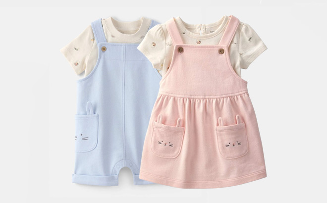 Carters 2 Piece Easter Bunny Jumper and Shortall Sets on Gray Background