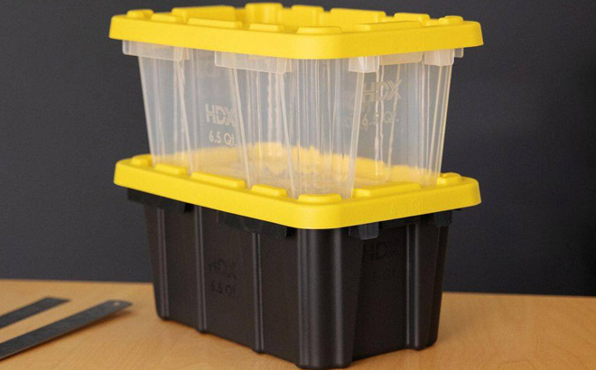 Home Depot 6 5 Qt Tough Storage Totes on the Table