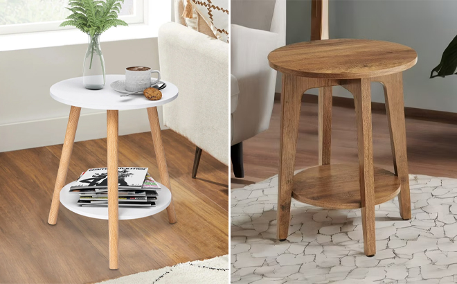Honeier Side Table with Storage Shelf and Round End Table