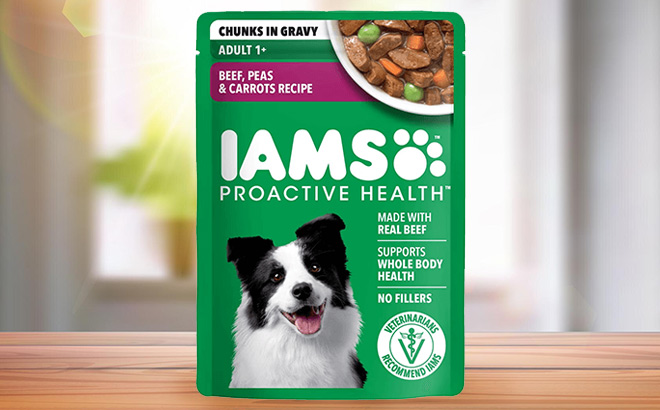 IAMS Wet Pouch Dog Food on the Table