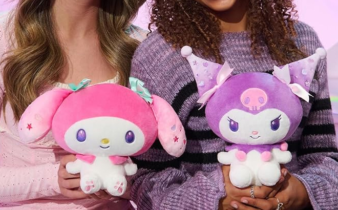 Kids Holding My Melody and Kuromi Plush Set