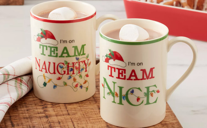 Lenox Holiday Naughty Nice Mugs 2 Piece Set on the Table