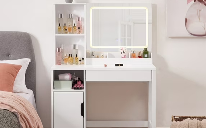 Mainstays Get Ready with Me GRWM Left Vanity Table with Lighted Mirror and Storage