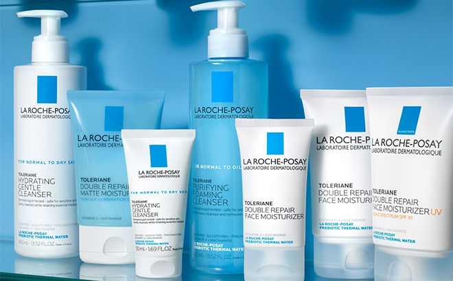Multiple La Roche Posay Products on a Glass Shelf Multiple La Roche Posay Products on a Glass Shelf