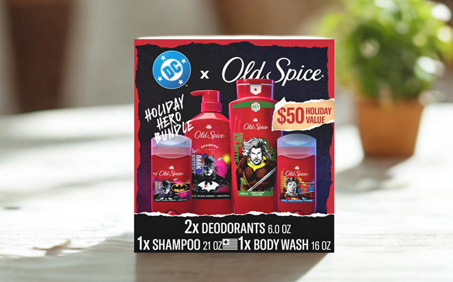Old Spice Deodorant Body Wash Shampoo Holiday DC Batman Gift Set on a Table