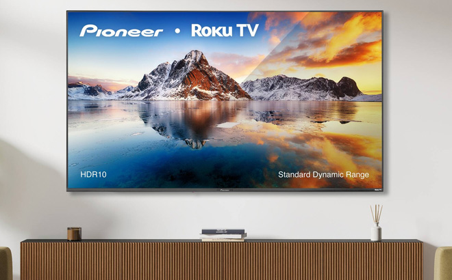 Pioneer 70 Inch Class LED 4K UHD Smart Roku TV on the Wall