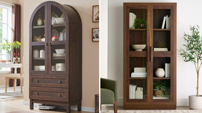 SinCiDo Arched Kitchen Pantry Storage Cabinet and Better Homes Gardens Ezra Glass Door Storage Accent Cabinet