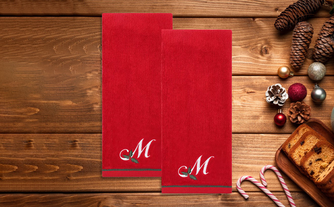 St Nicholas Square Monogram Towel 2 Piece Set on the Table