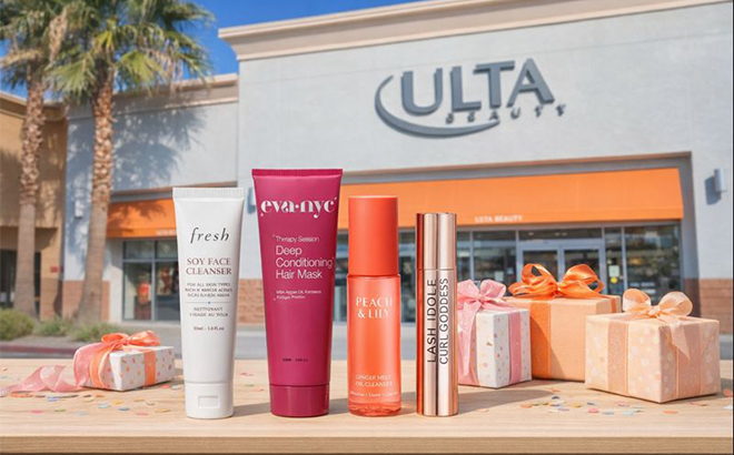 ULTA Beauty Free Birthday Gifts on a Table in Front of ULTA Store