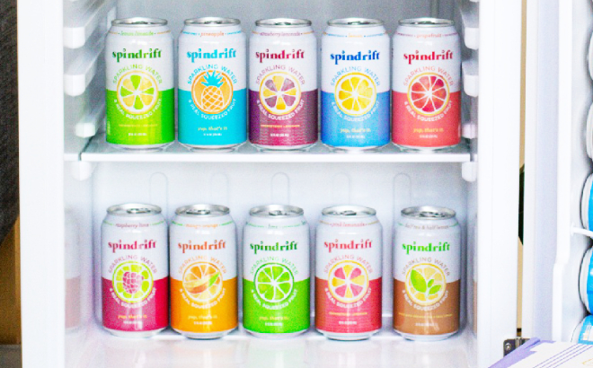 Various Flavors of Spindrift Sparkling Water in Mini Fridge