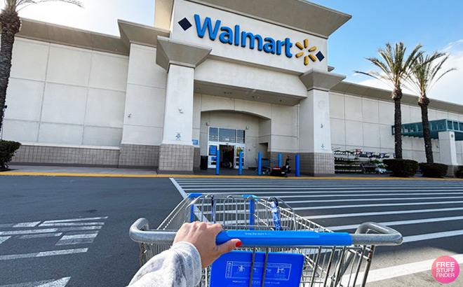 Walmart Store Front and Women with Walmart Cart